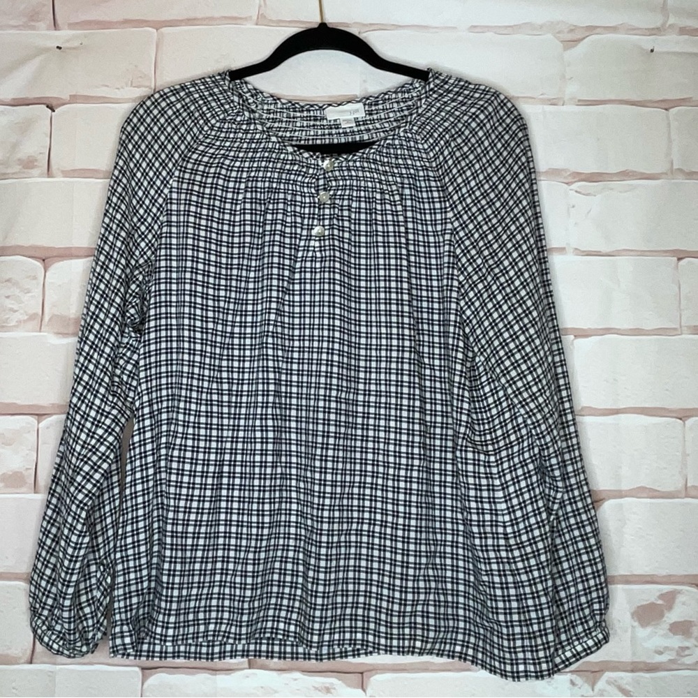 J Jill Size MP Long Sleeve Smocked Peasant Blouse Black White Gingham Pl…